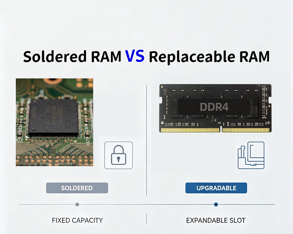Últimos blogs da empresa sobre Memória RAM Soldada VS Memória RAM Substituível: Uma Comparação Detalhada do Potencial de Upgrade de Mini PCs